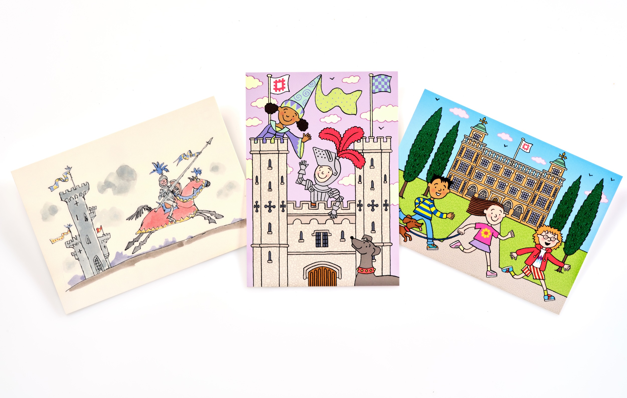 Illustrated postcards of knights, castles, and children in Yorkshire