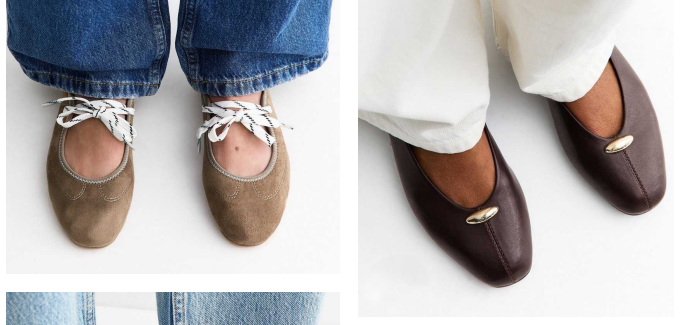 Close-up of two pairs of stylish flat shoes on feet