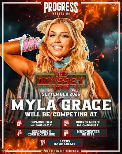 Wrestler posing with a confident smile, promoting The Odyssey Tour 2026