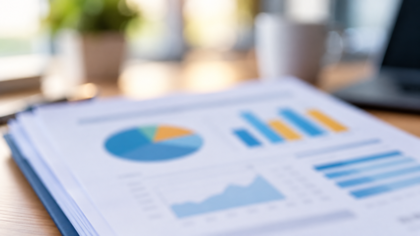 Close-up of financial graphs and charts on a wooden desk