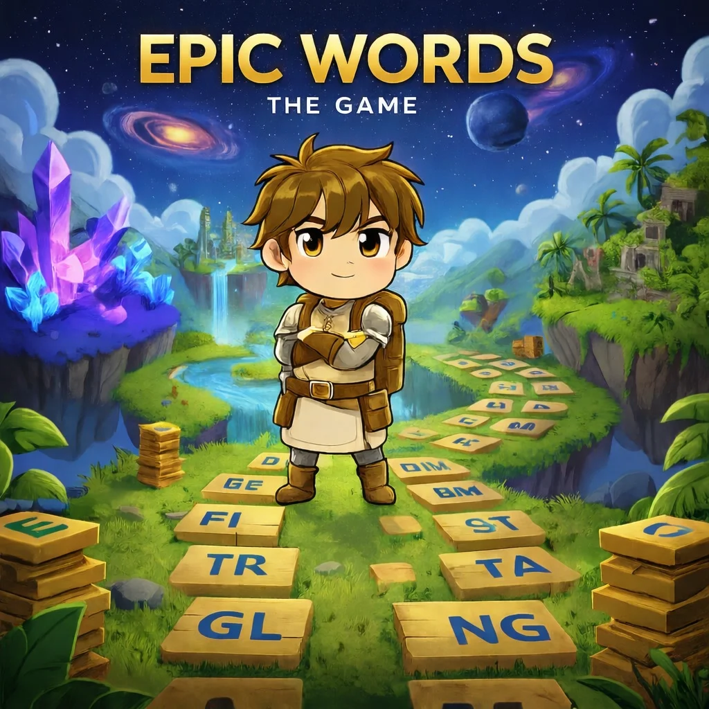 Cartoon adventurer on a path of letter tiles in fantasy world
