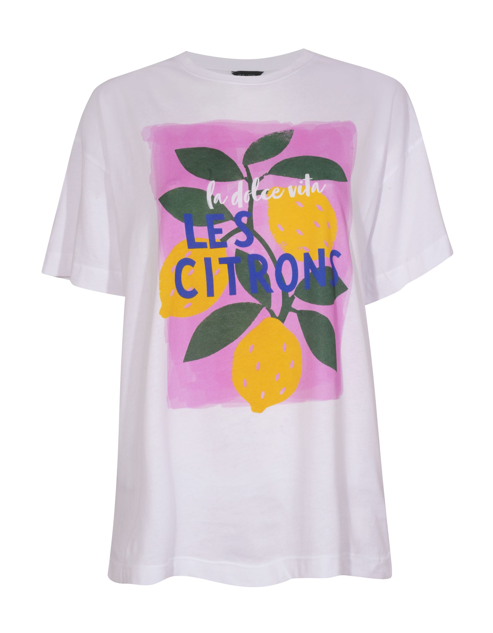 White T-shirt with pink background and yellow lemons graphic