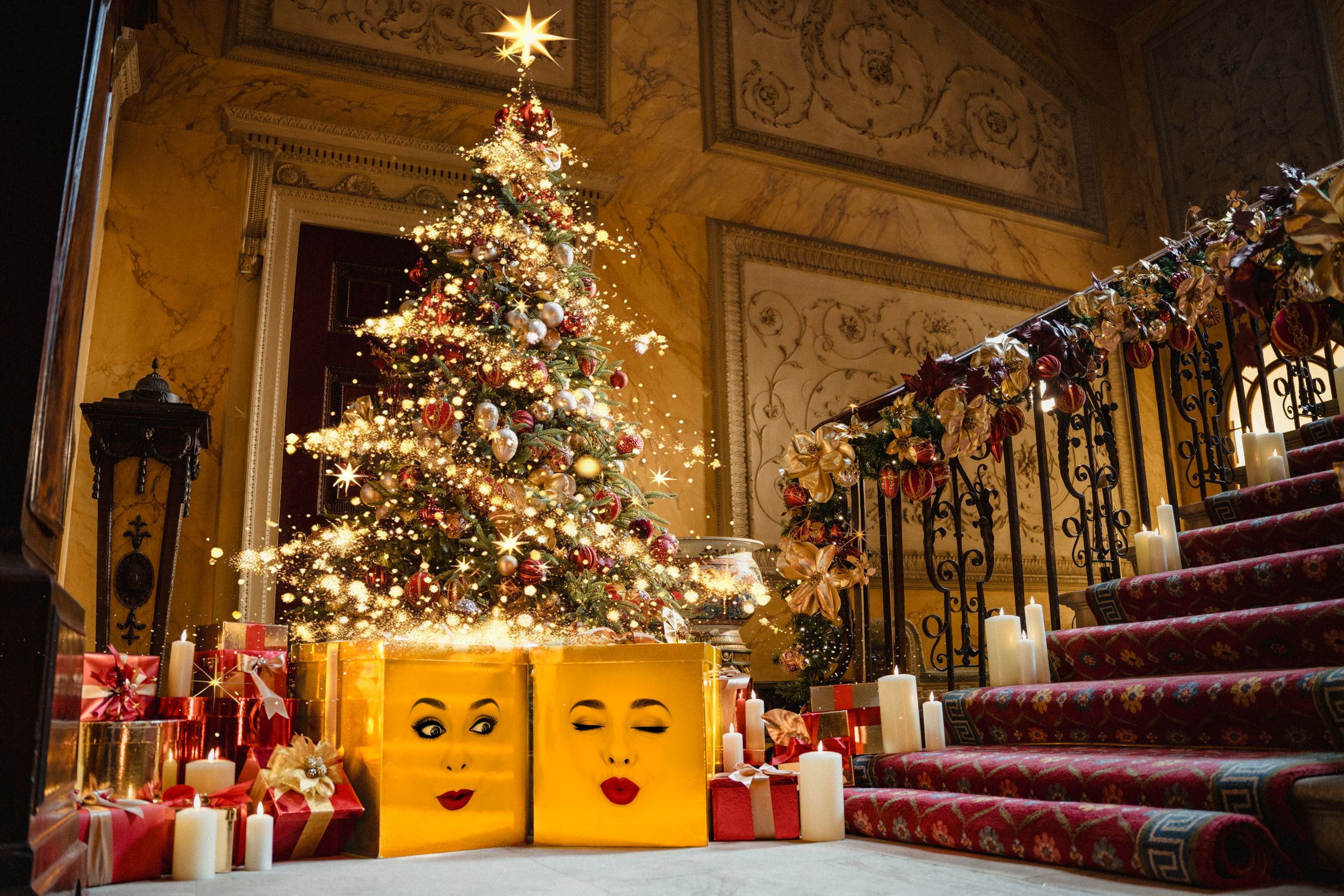 Festive Christmas tree with lights and gifts on ornate staircase