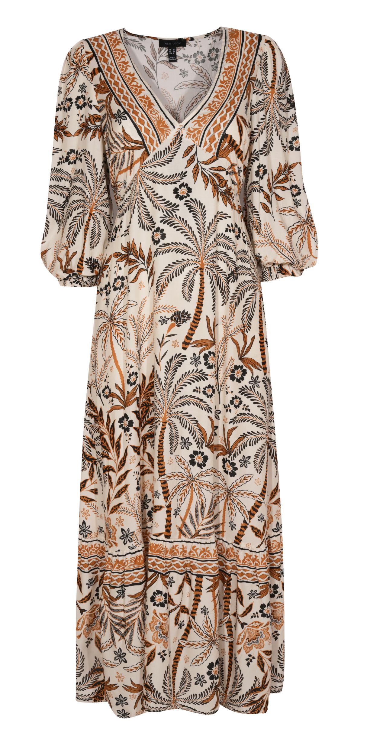 Long floral dress with palm and leaf patterns in brown and black