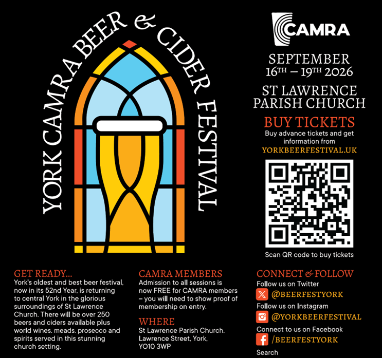 York CAMRA Beer and Cider Festival poster with stained glass design
