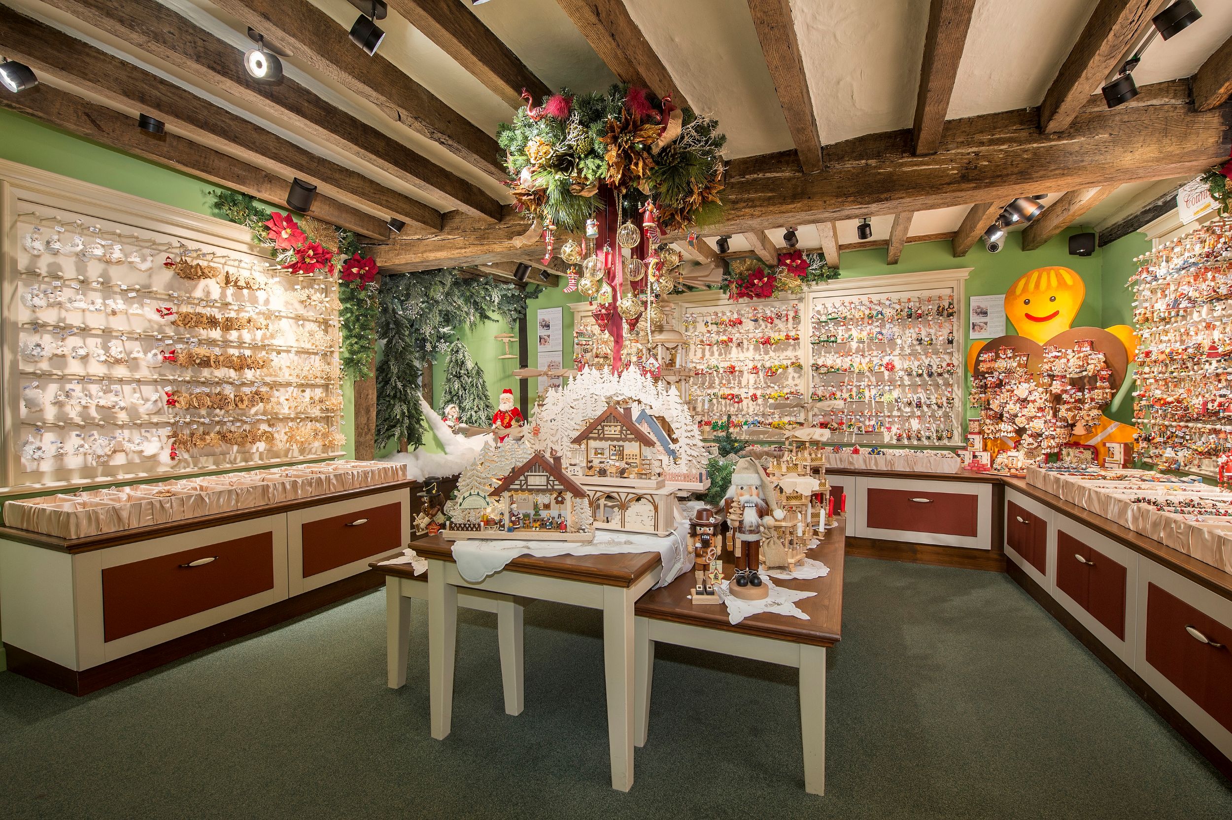 Charming Christmas shop interior with wooden beams and decorations