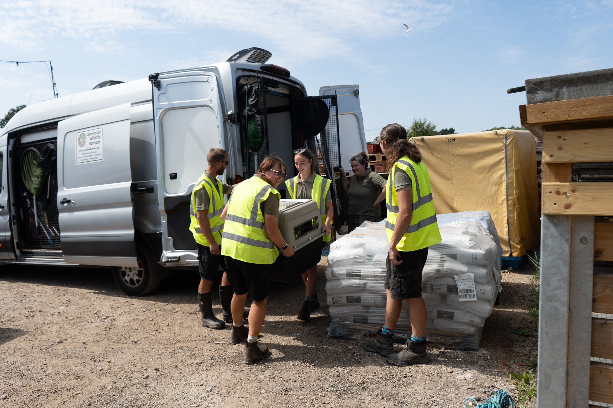 Workers in high-vis vests unloading equipment from a van