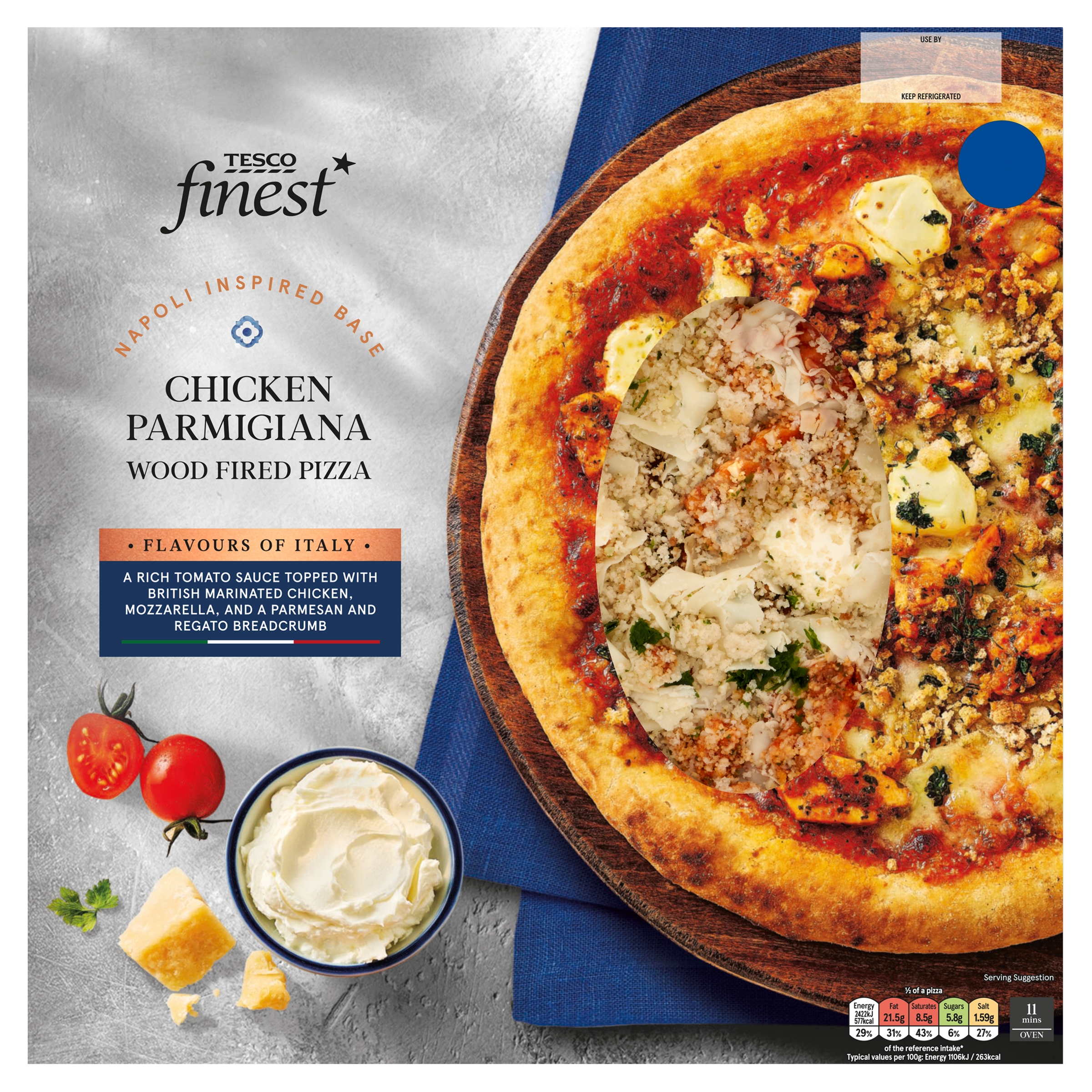 Wood-fired chicken parmigiana pizza with herbs and cheese