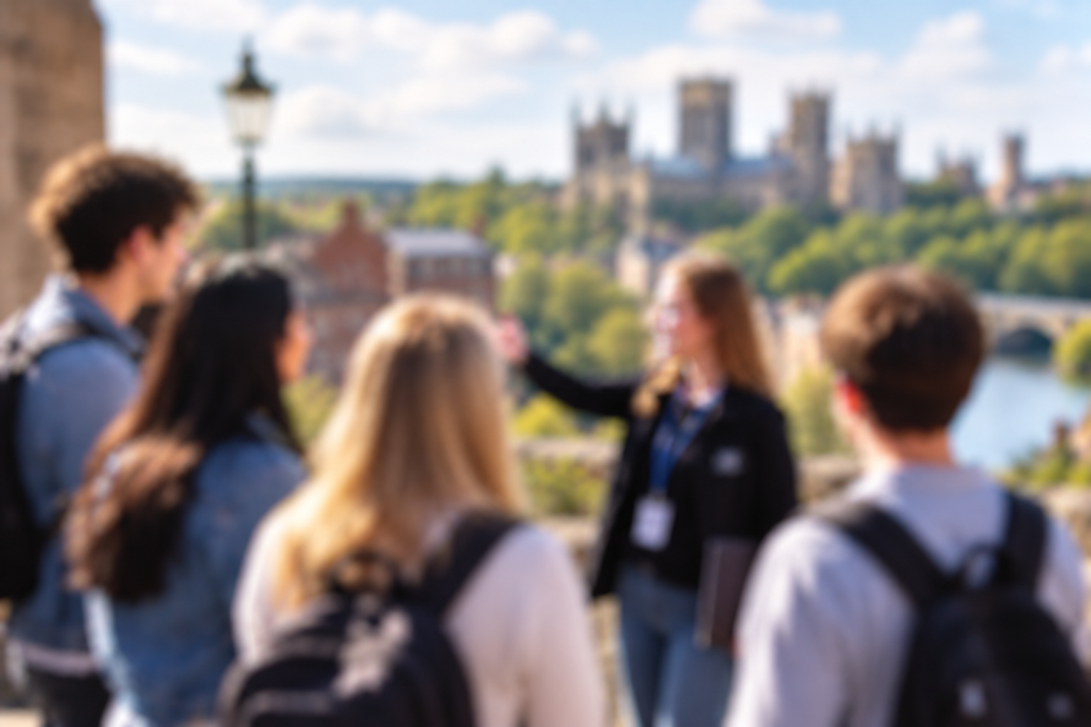 Tour guide with group overlooking historic Yorkshire cityscape