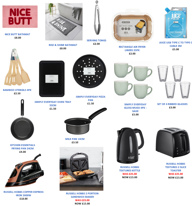 Collection of kitchen and home items displayed with prices