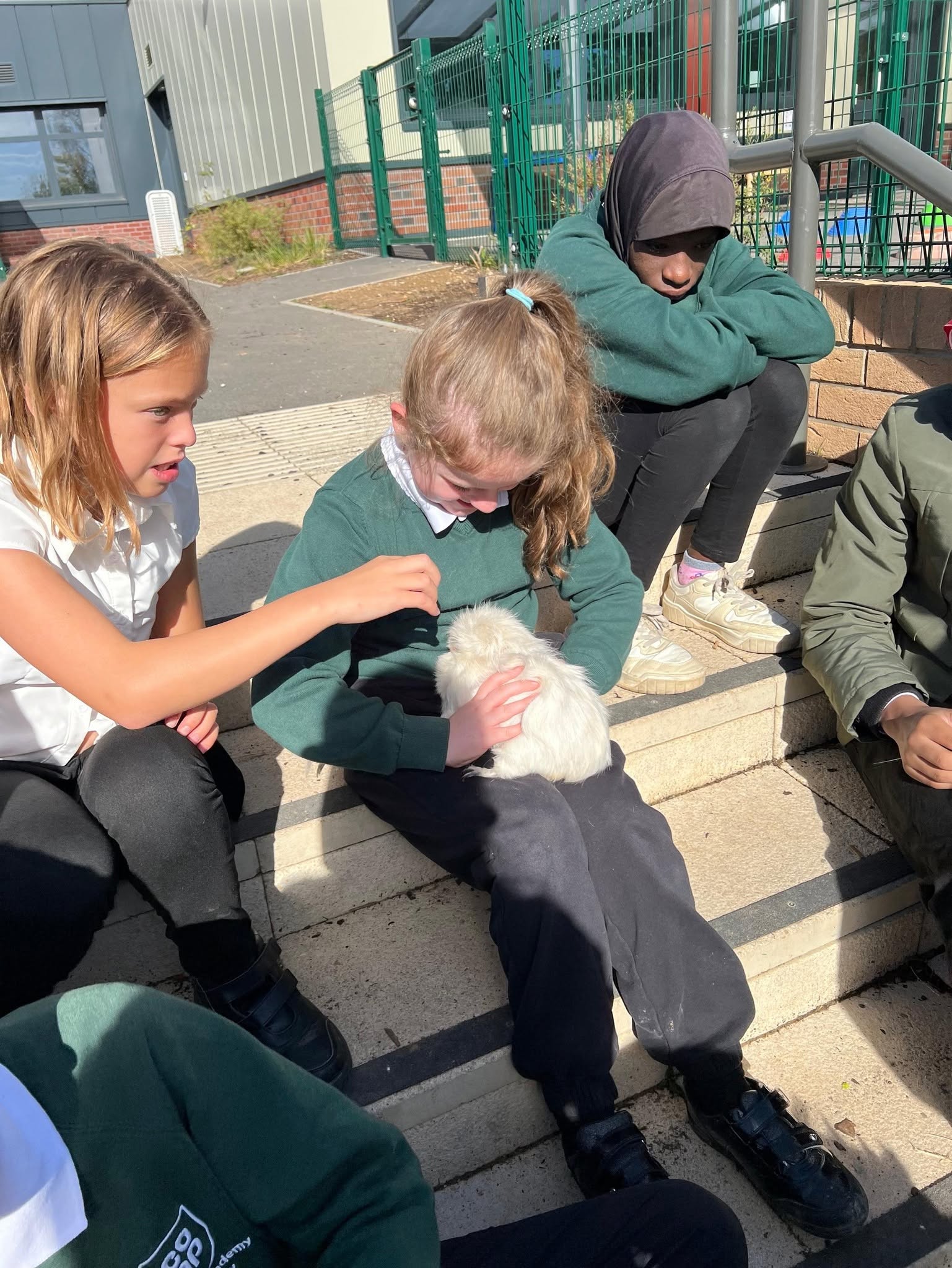 Children sitting on steps petting a fluffy white rabbit