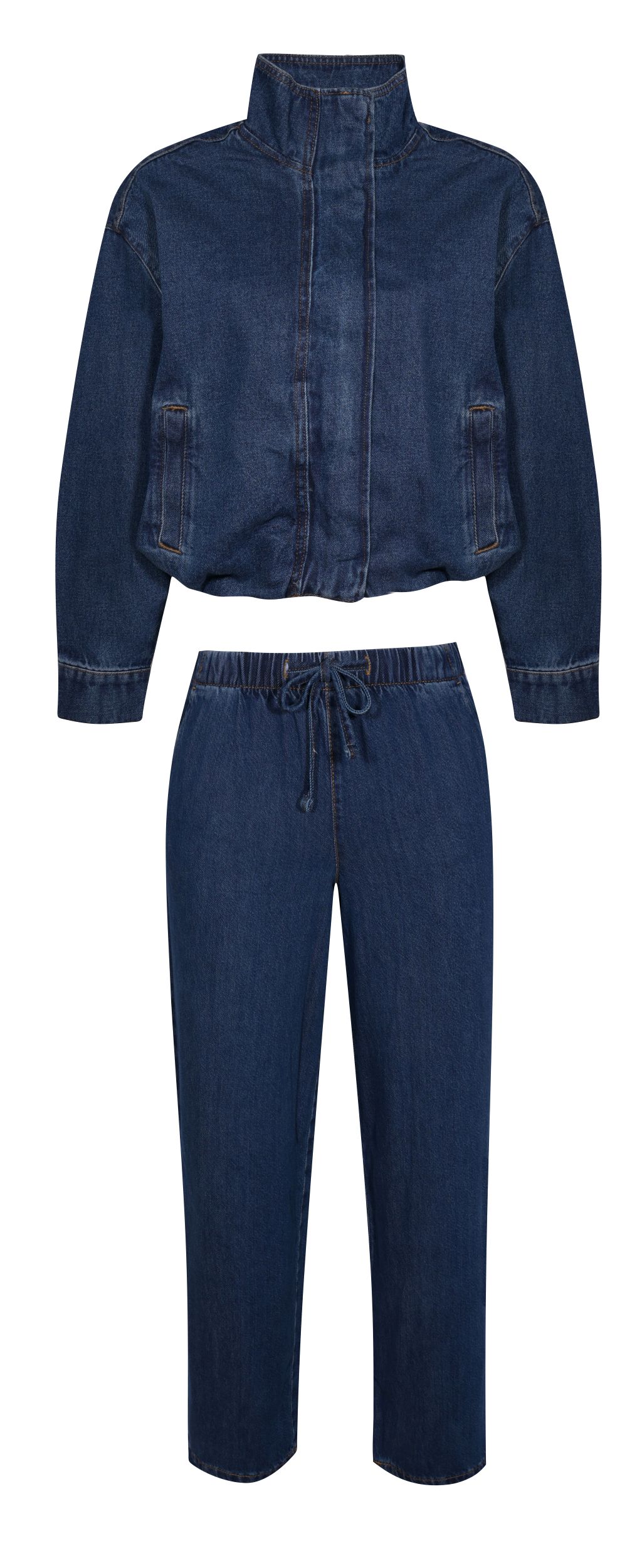 Dark blue denim jacket and trousers on white background