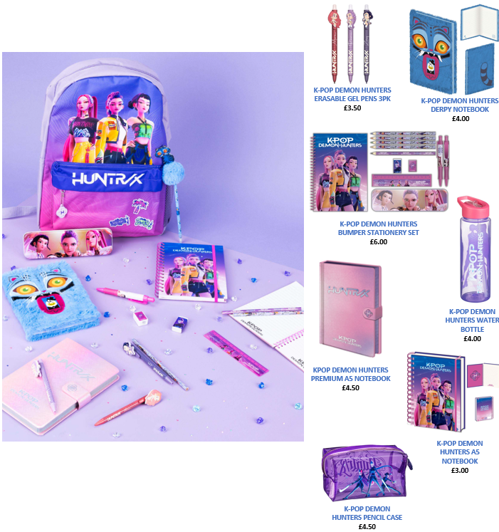 Colourful stationery set with notebooks, pens, and a purple backpack
