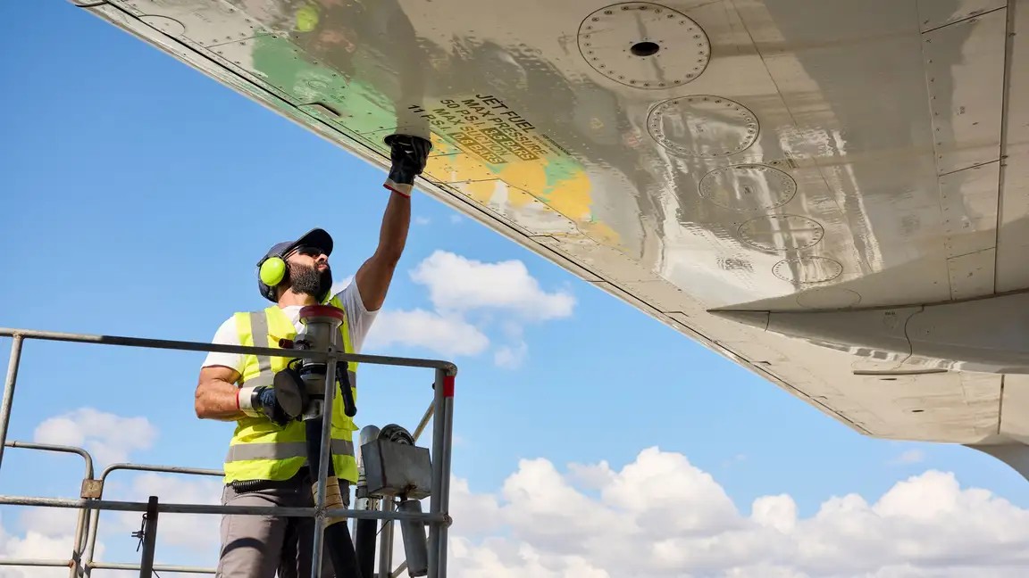 Airport worker in high-vis vest inspecting aircraft wing