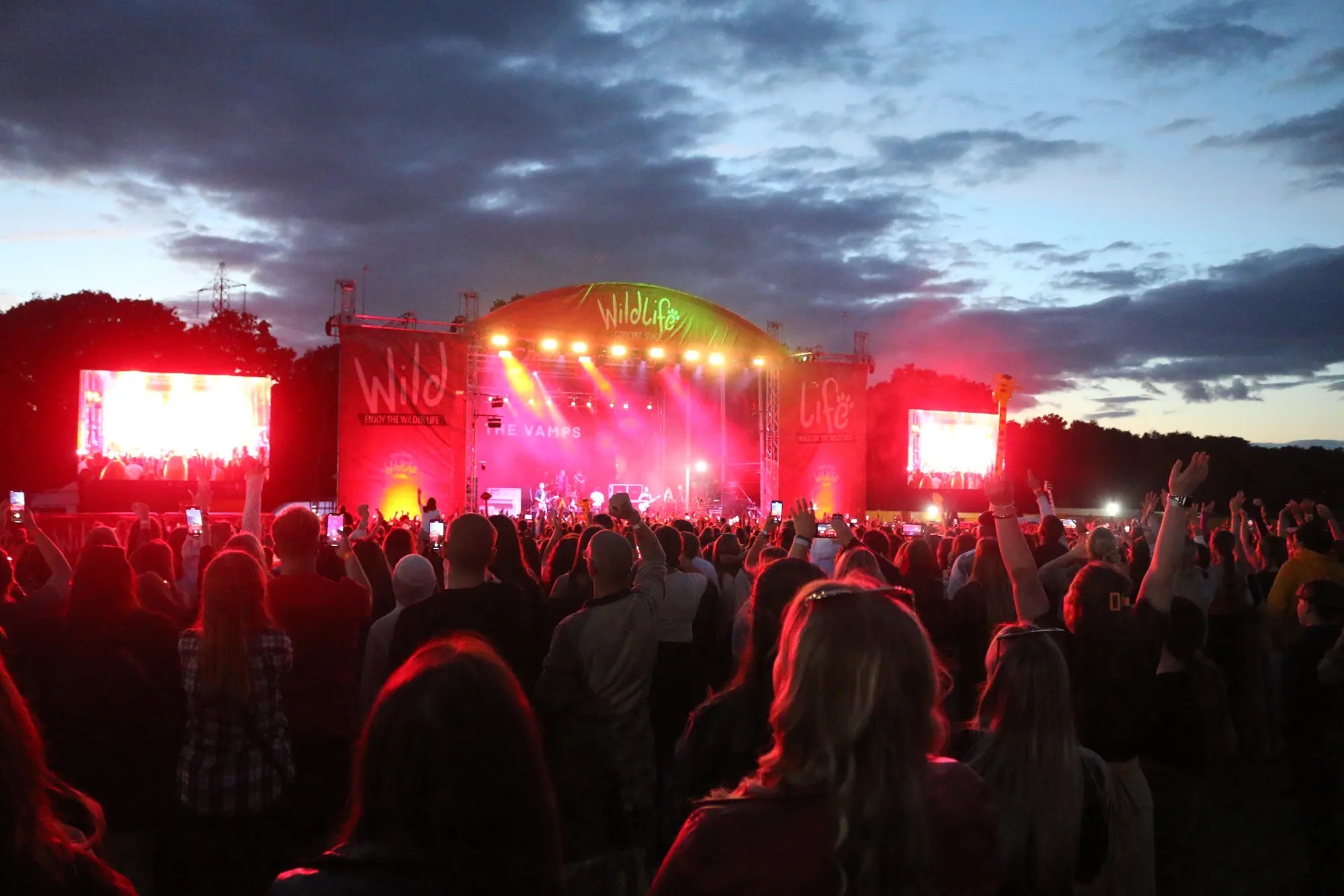 Evening music festival crowd with colorful stage lights