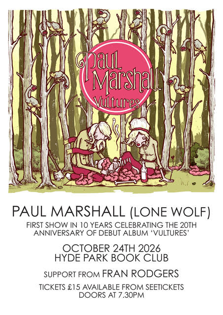 Illustrated concert poster with two figures in a forest, pink circle logo