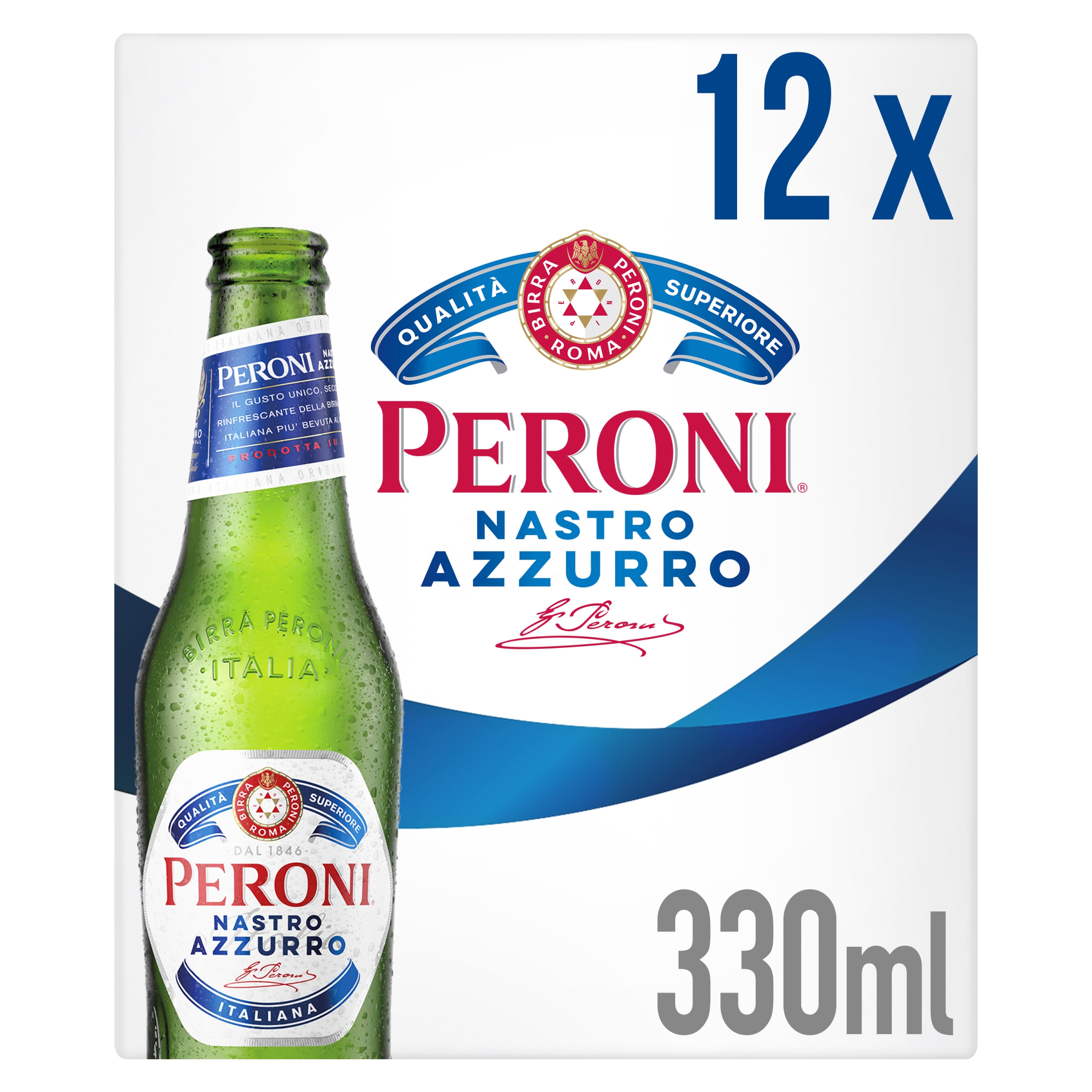 Peroni Nastro Azzurro beer bottle with packaging