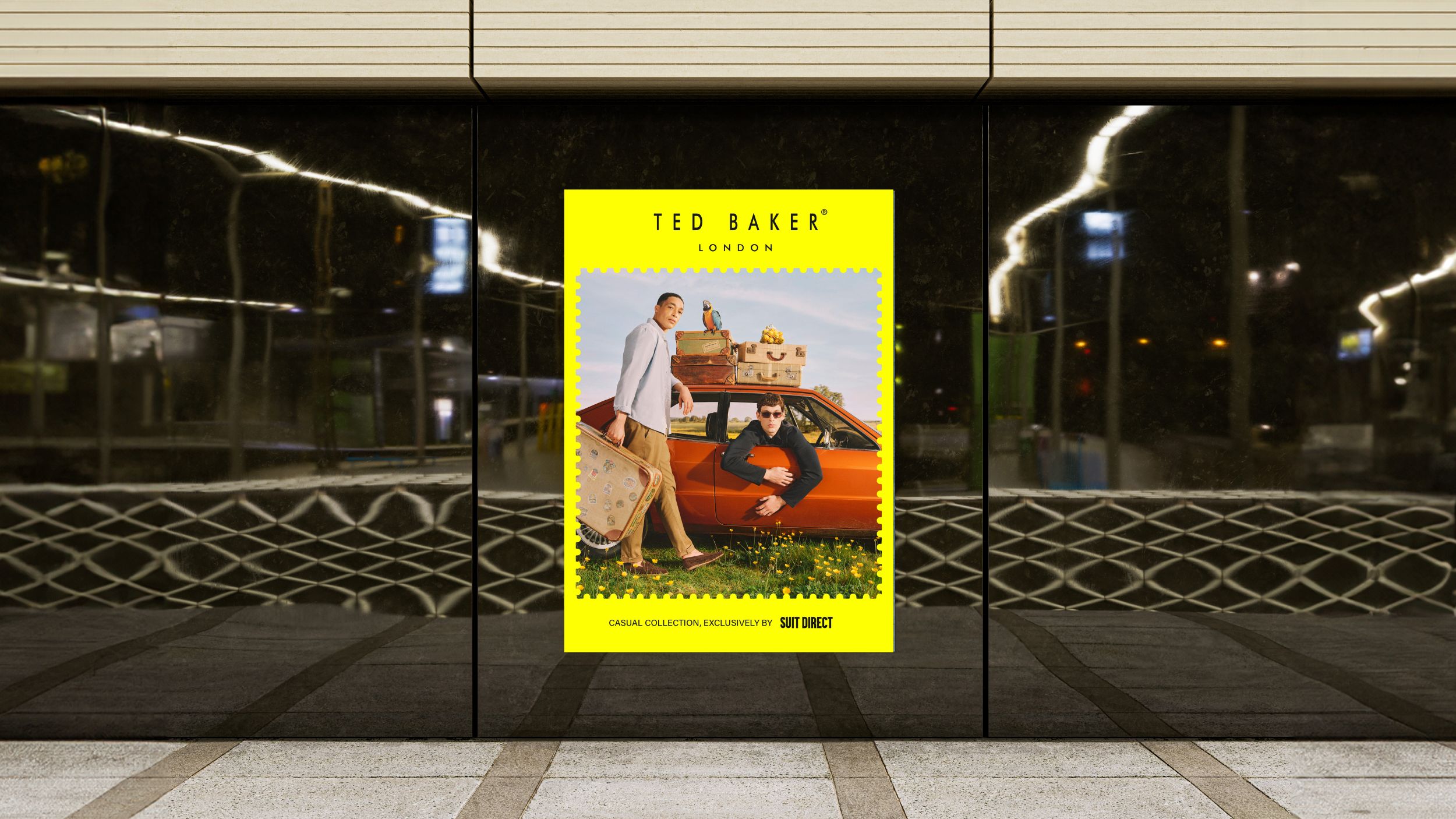 Fashion advertisement on a glass wall with reflections
