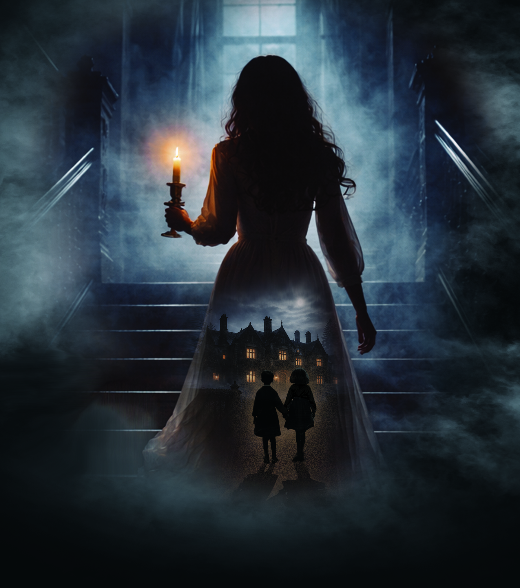 Silhouette of woman with candle ascending misty staircase