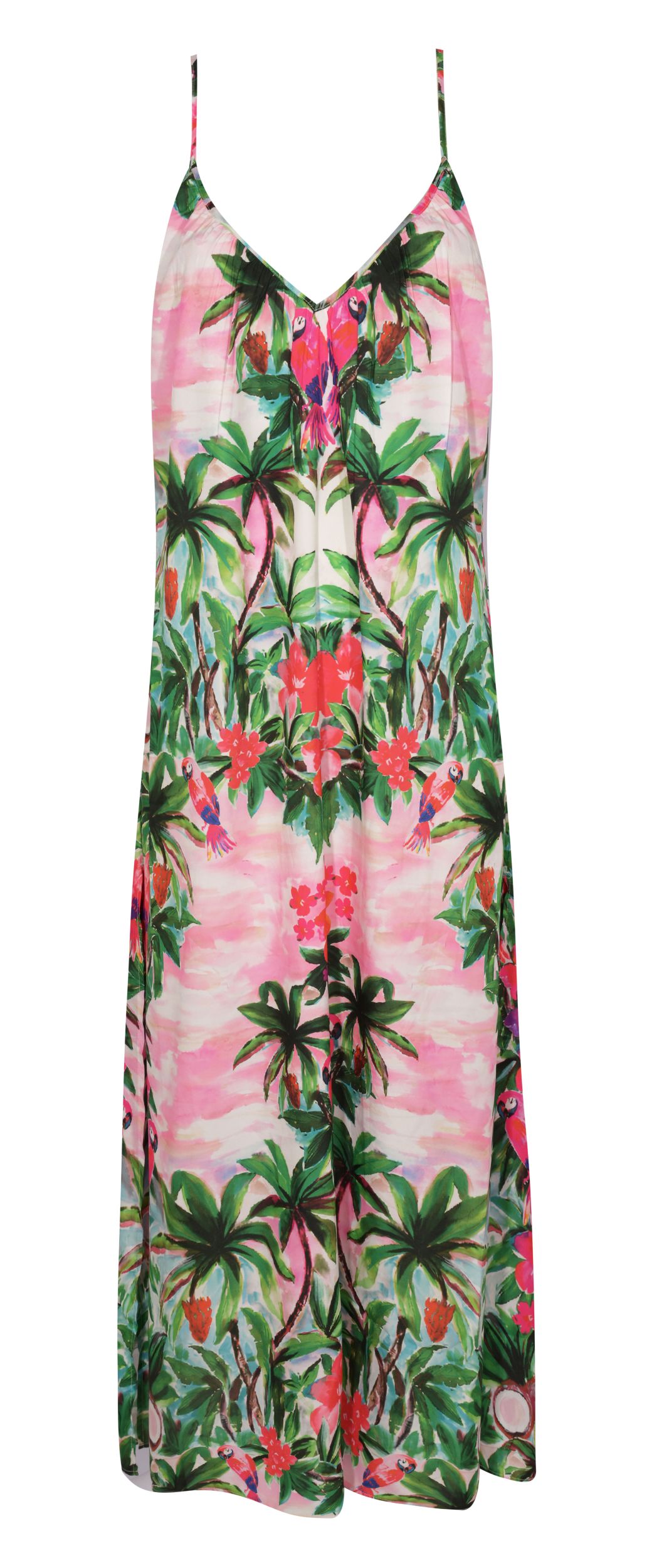 Colourful tropical dress with palm trees and flowers