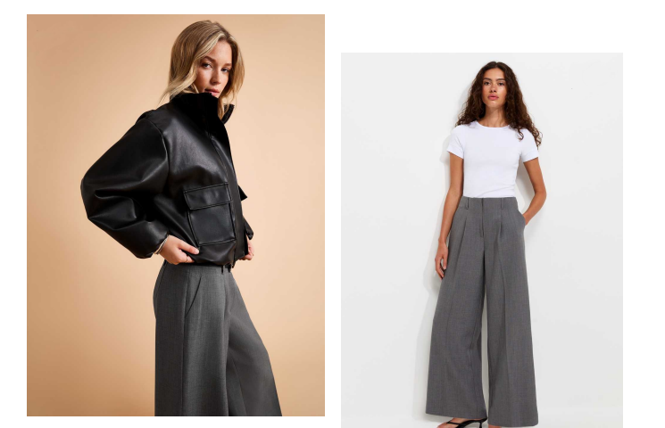 Two women modelling fashion with wide-leg trousers and jackets