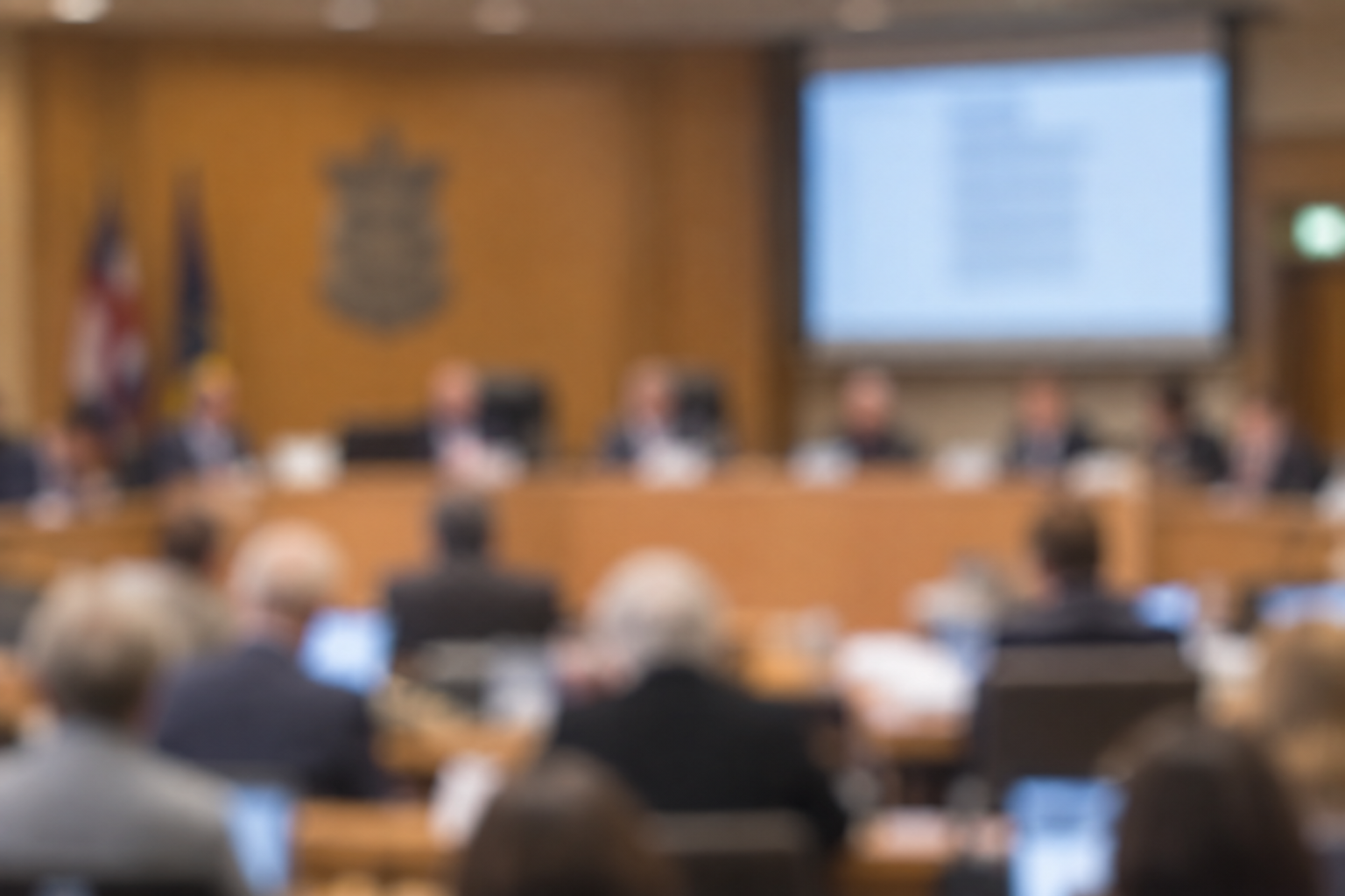Council meeting in session, blurred figures around a large table