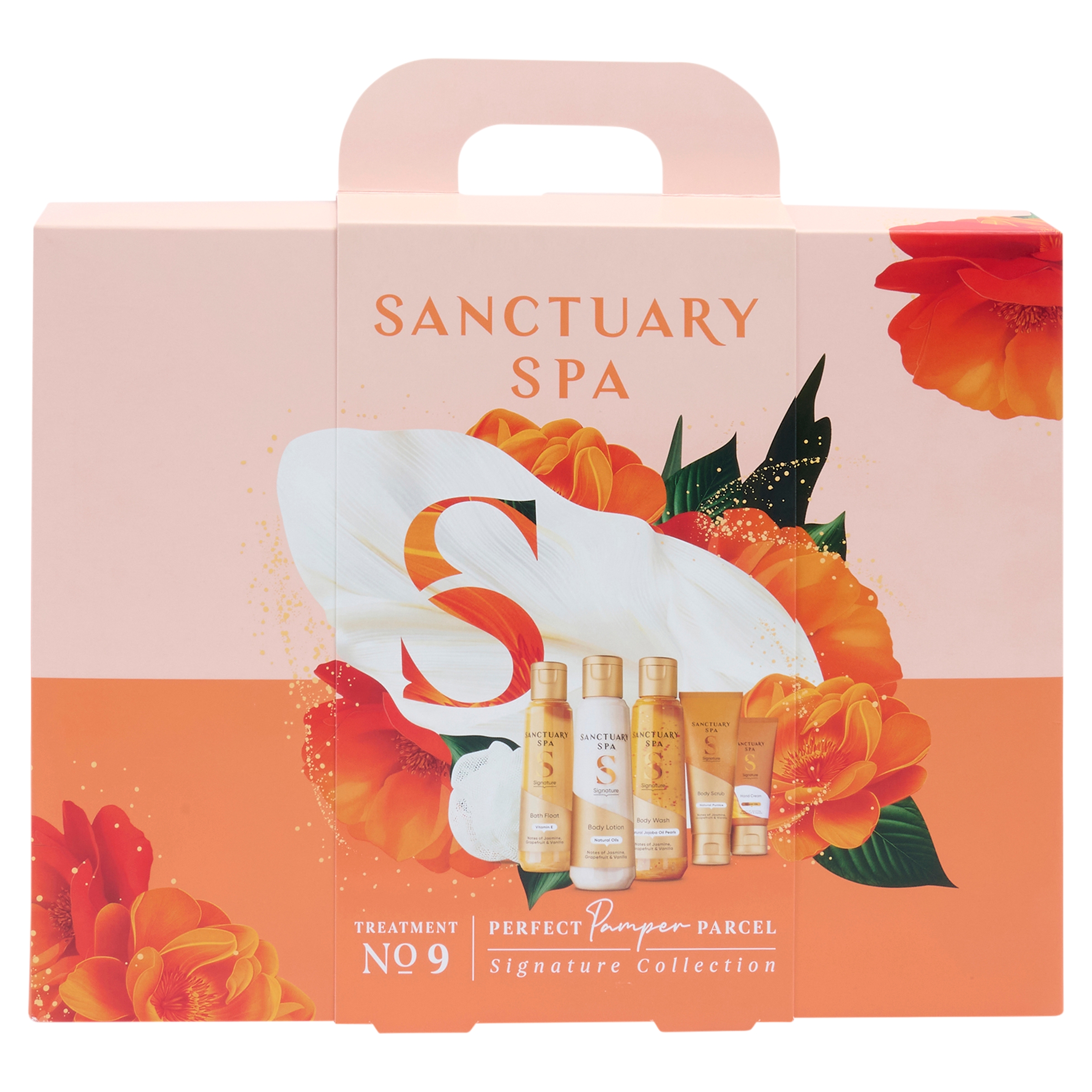 Sanctuary Spa gift set box with orange floral design