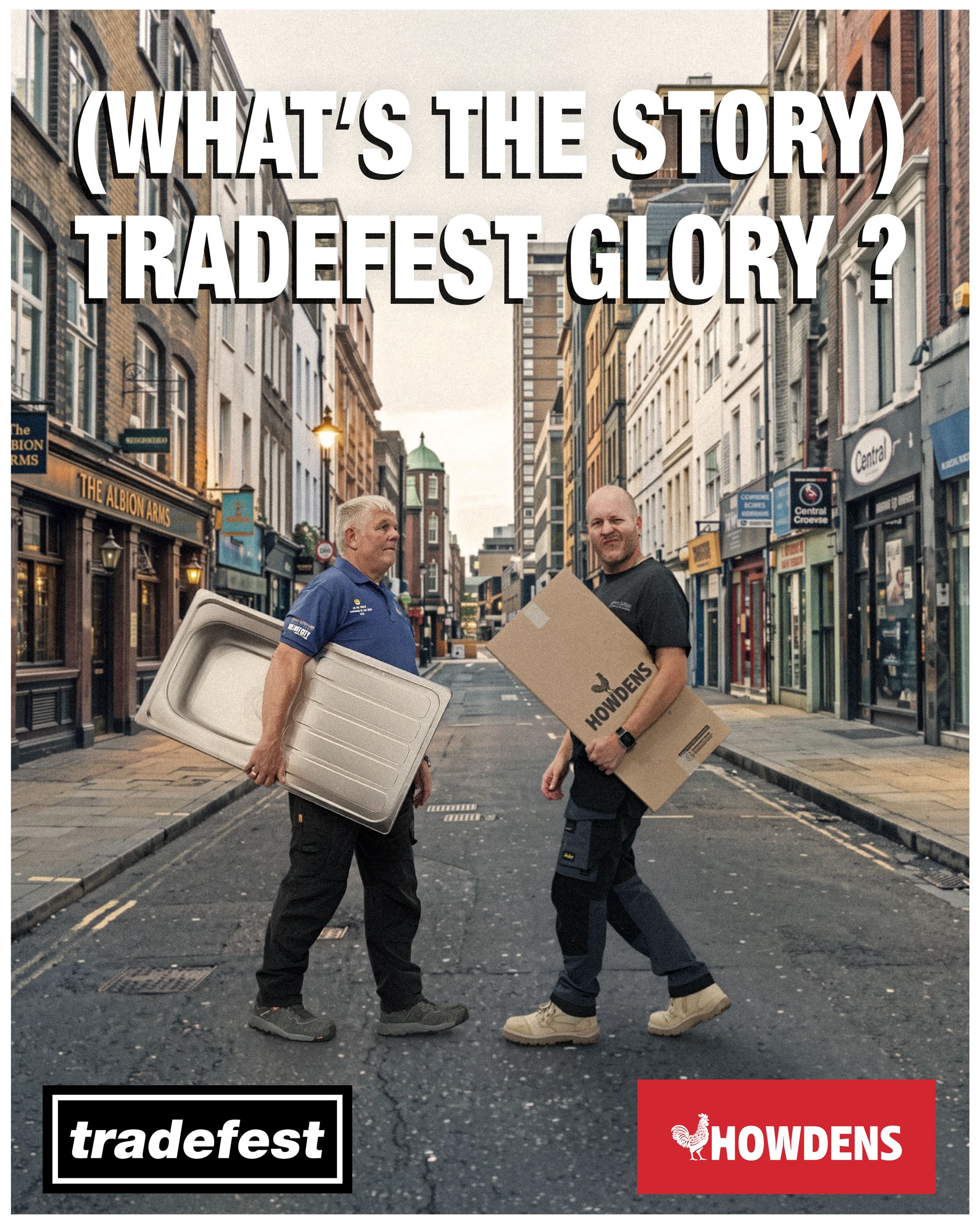 Two men holding kitchen items standing on a city street