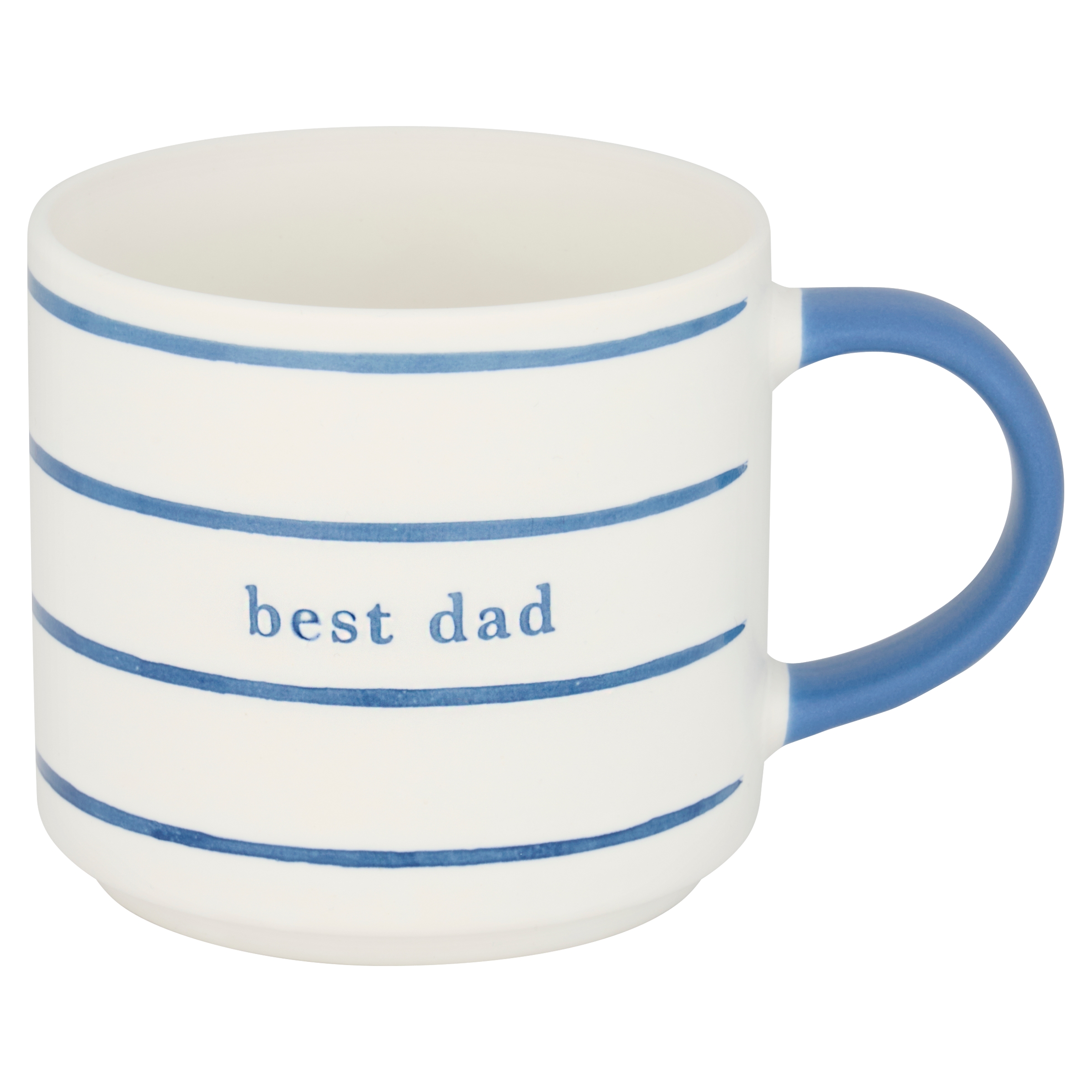Ceramic mug with blue stripes and 'best dad' text