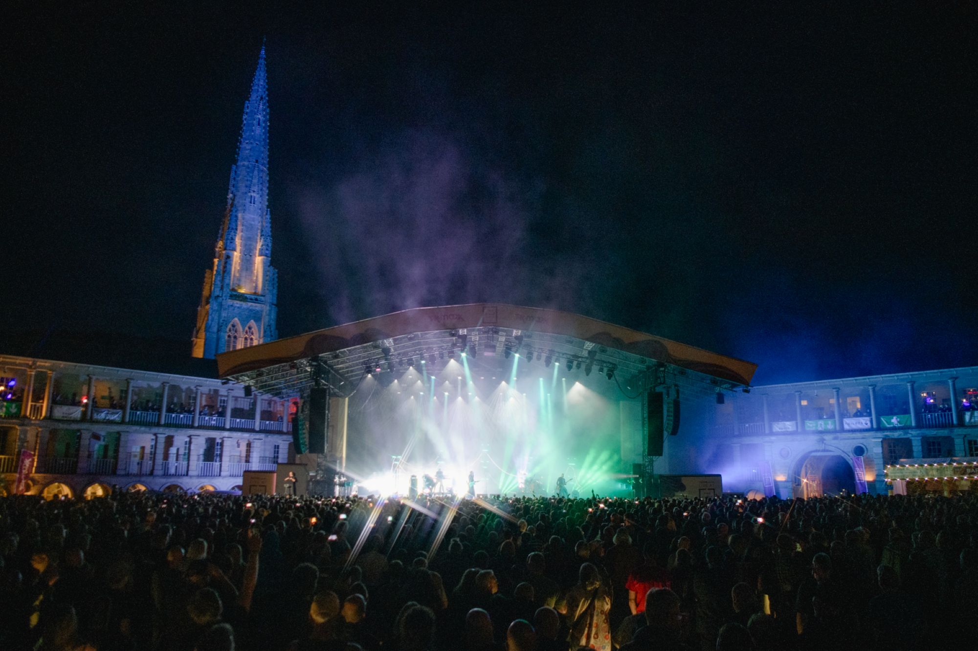 Night concert at Scarborough Open Air Theatre with illuminated stage