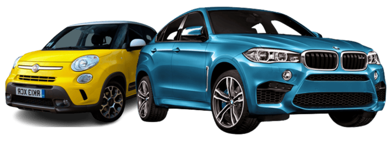Yellow compact car and blue SUV parked side by side