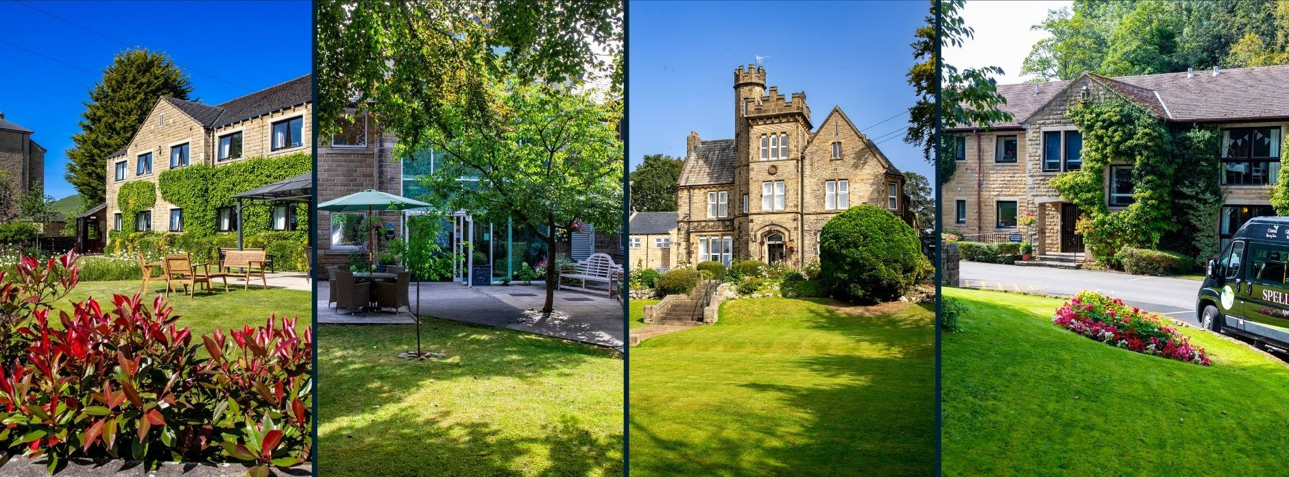 Charming stone cottages with manicured gardens under a blue sky