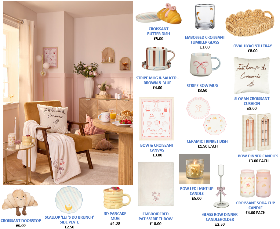 Cosy living room with pink accents, velvet chair, and croissant-themed decor