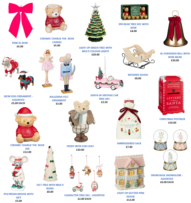 Assorted Christmas decorations including bears, trees, and ornaments