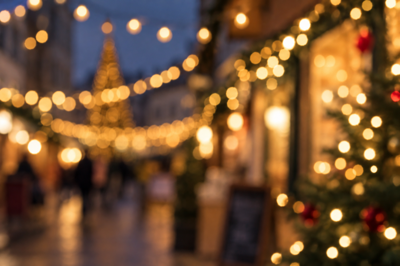 Festive street with Christmas lights and blurred shopfronts