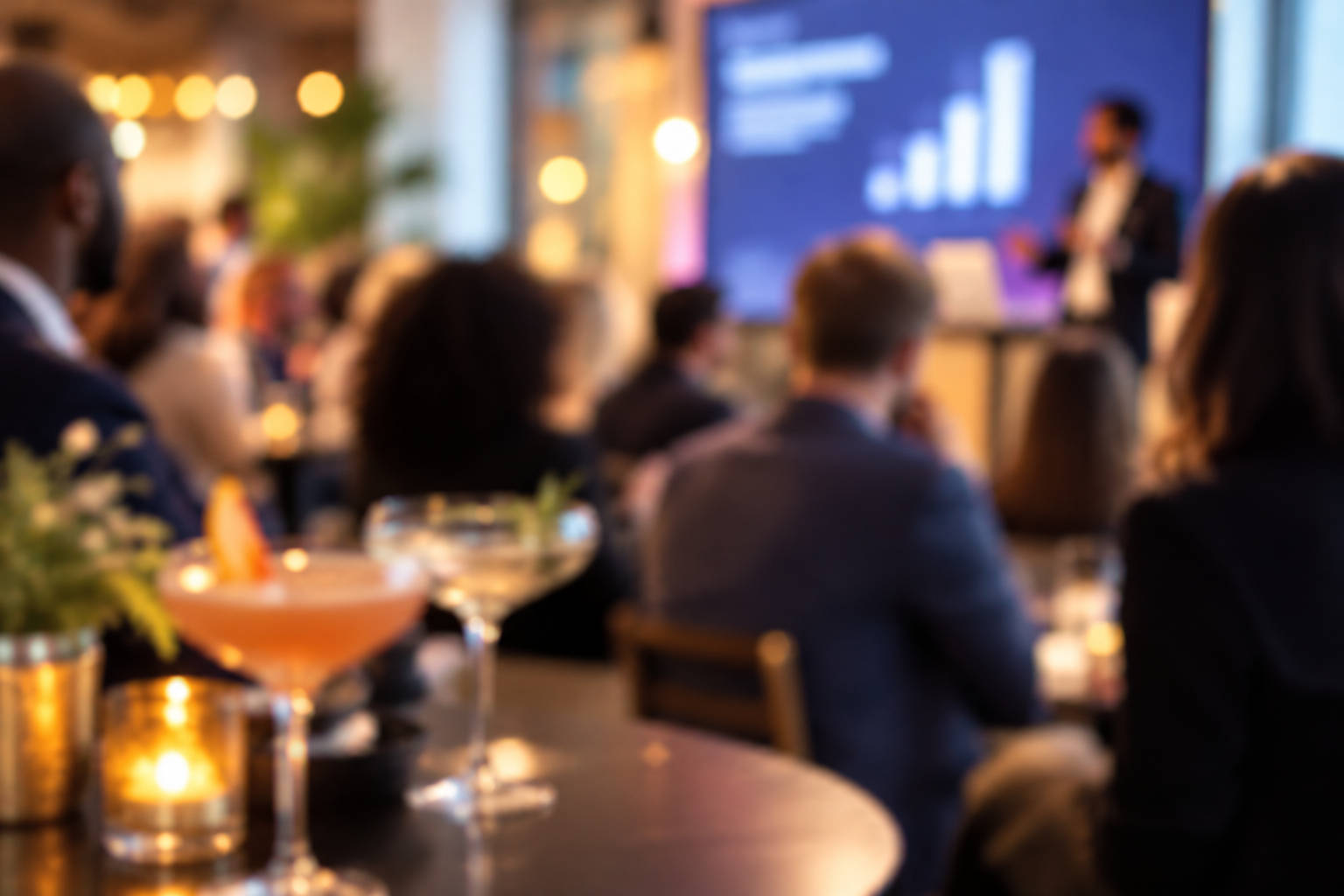 Elegant cocktail bar with blurred people at business event