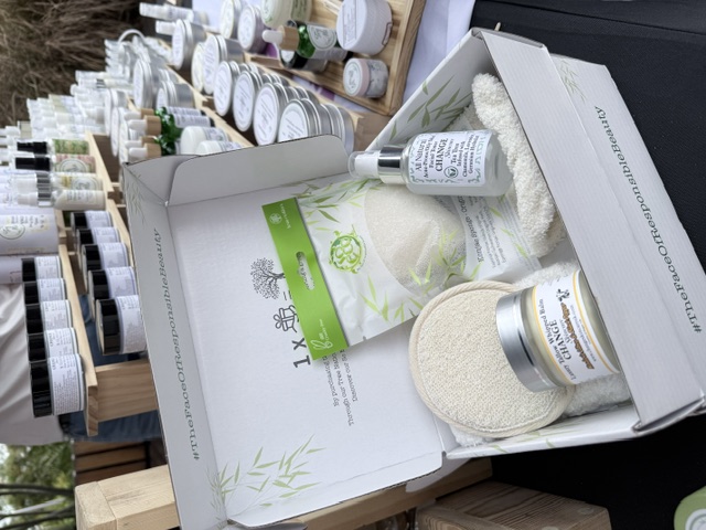 Display of eco-friendly skincare products on a wooden table