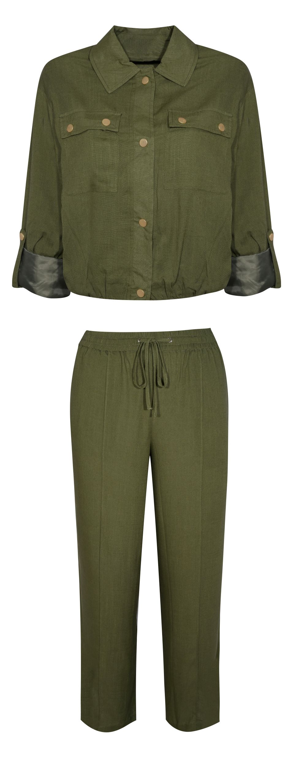 Olive green linen jacket and trousers with button details