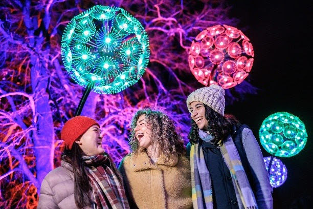 Three friends in winter coats and hats enjoy vibrant light display