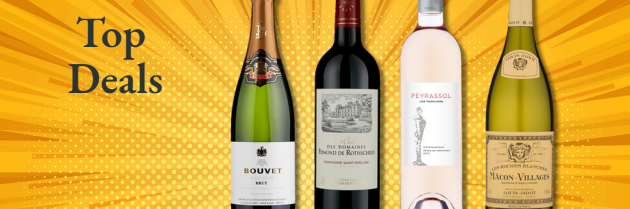 Four wine bottles with colourful labels against a sunburst background