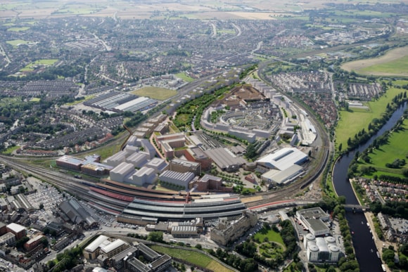 Aerial view of York showing railway station and River Ouse