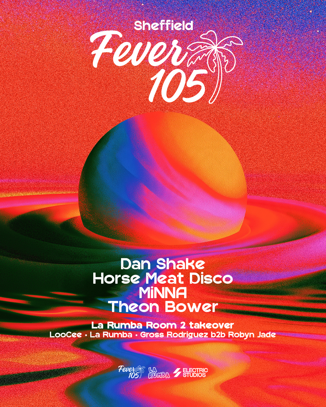 Colourful Fever 105 poster with palm tree and vibrant sunset