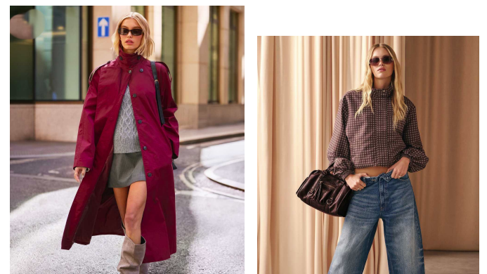 Woman in burgundy coat walking in city street, stylish attire