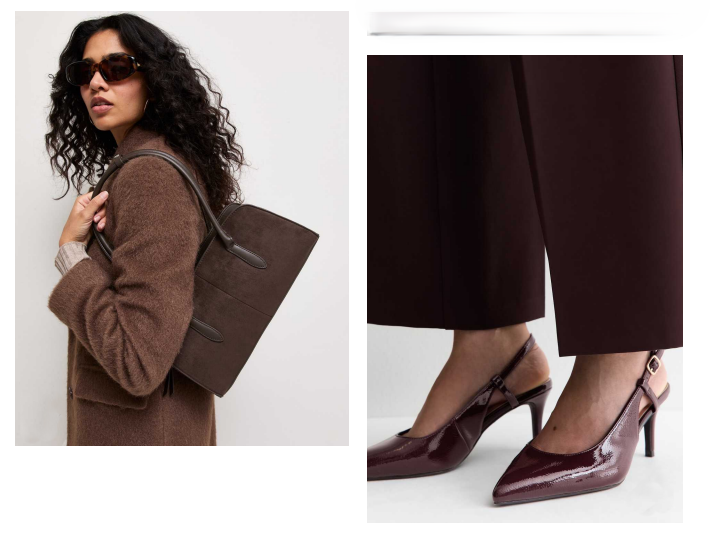 Woman with curly hair wearing sunglasses and brown coat with handbag