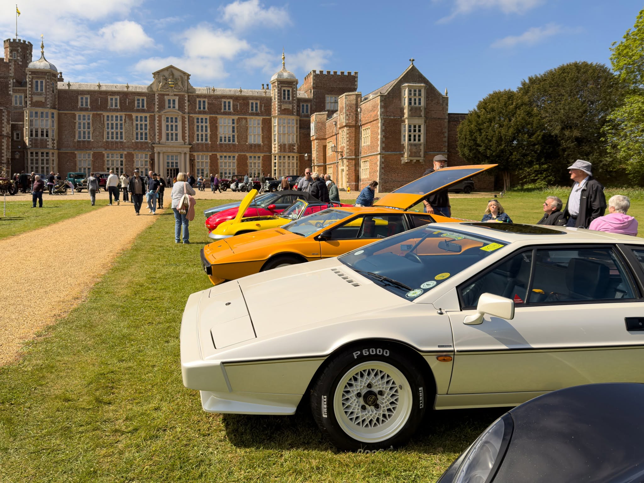 Classic sports cars parked on a lawn in front of a historic mansion