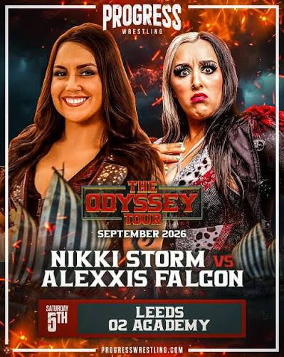 Two women wrestlers in dramatic poses with event details