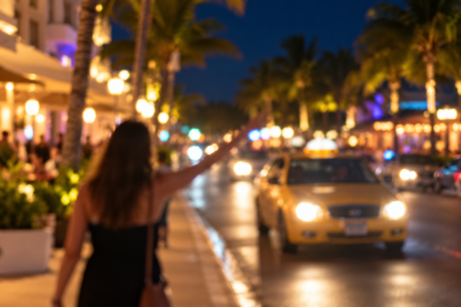 Blurred city street at night with woman hailing a taxi