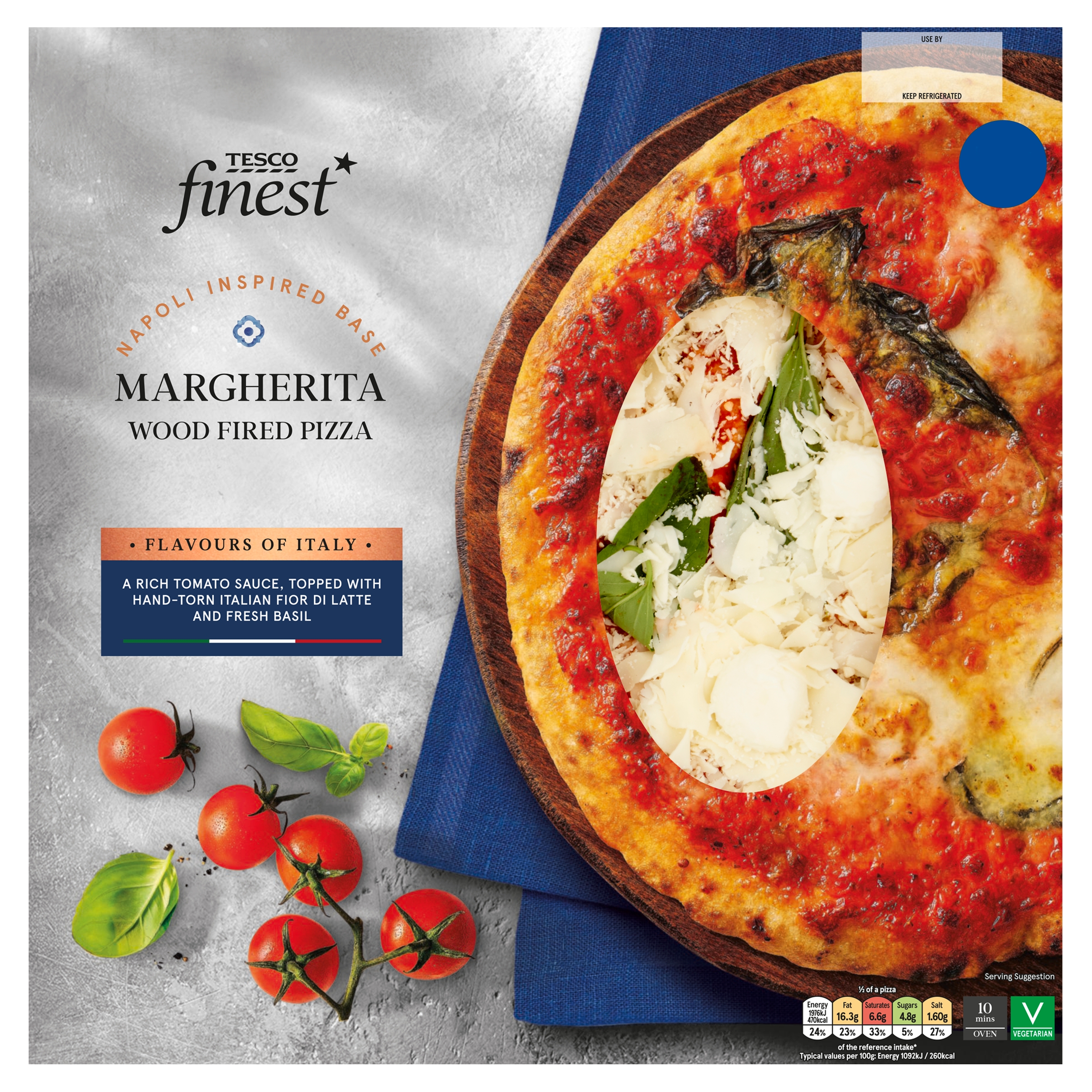 Tesco Finest Margherita wood-fired pizza on blue napkin