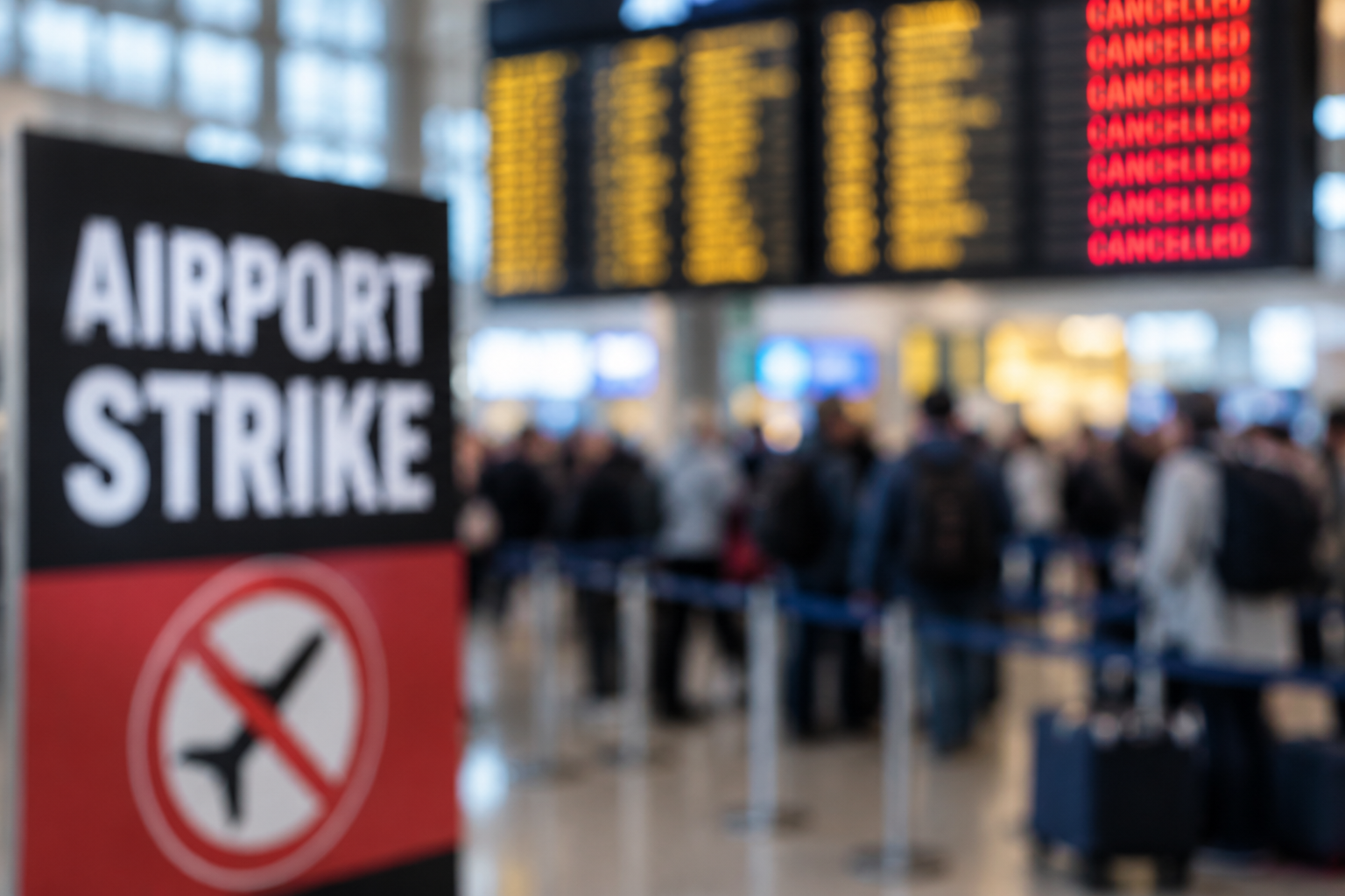 Crowded airport terminal with strike notice and cancelled flights
