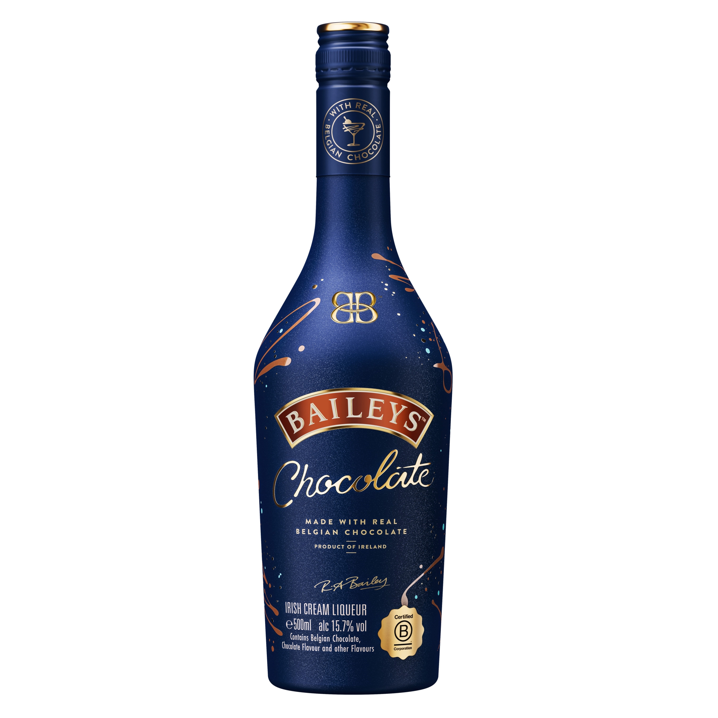 Baileys Chocolate liqueur bottle with blue and gold design